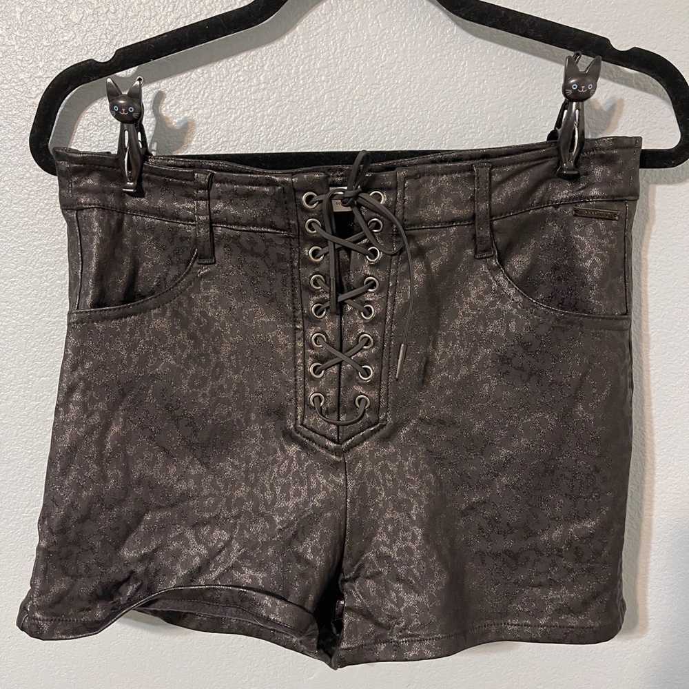 Ramisu Black Leopard Faux Leather Lace Up Shorts Y2K Goth Festival Biker XL